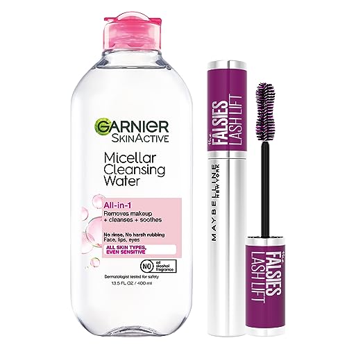 Maybelline The Falsies Lash Lift Washable Mascara + Garnier SkinActive Micellar Water Bundle, Includes 1 Mascara in Very Black and 1 Makeup Remover