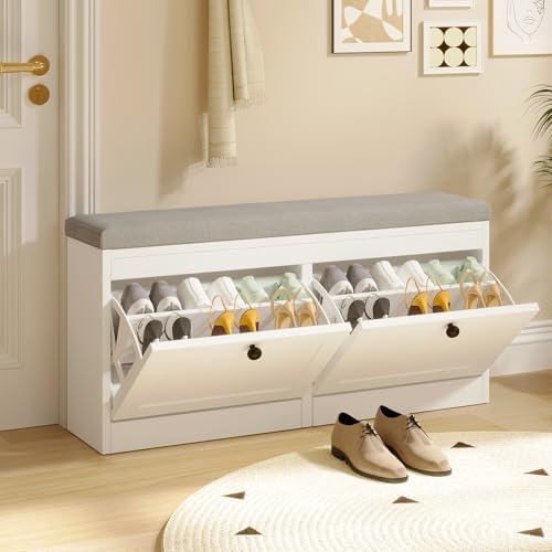 VOWNER Shoe Bench with 2 Flip Drawers, Shoe Organizer Storage Bench with Adjustable Shelves for Entryway, Hallway, Living Room (White)