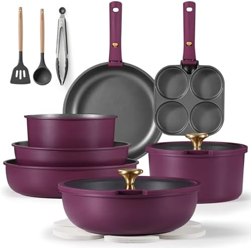 CAROTE 19pcs Pots and Pans Set, Nonstick Cookware Set Detachable Handle, Induction Kitchen Cookware Sets Non Stick with Removable Handle, RV Cookware Set, Gold and Purple