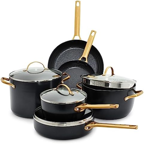 GreenPan Hard Anodized Healthy Ceramic Nonstick 10 Piece Cookware Pots and Pans Set, Gold-Tone Stainless Steel Handles, PFAS-Free, Dishwasher Safe, Oven & Broiler Safe, Black