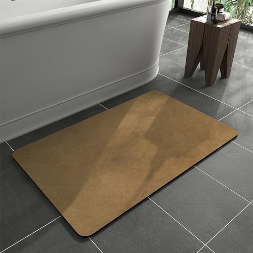 MontVoo -Bath Mat Rug-Rubber Backing Non Slip Quick Dry Absorbent Thin Bathroom Rugs Fit Under Door-Faux Suede Surface Bathroom Floor Mats-Shower Rug for in Front of Bathtub Shower Camel 16"x24"