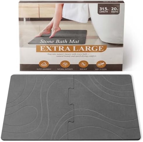 32 * 20 Large Stone Bath Mat for Bathroom Quick Dry Diatomaceous Earth Bath Mat, Non Slip Magic Absorbent Bathroom Floor Shower Mat Water Absorbing Diatomite Stone Dying Bathmat Grey