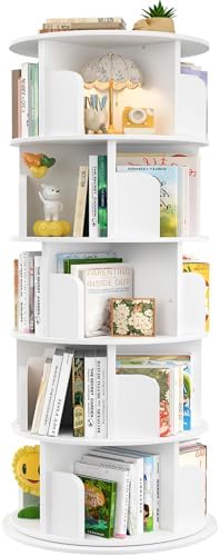 Aheaplus Rotating Bookshelf, 360 Display Wood Spinning Bookshelf Tower, 5 Tier Floor Standing Bookcase Storage Rack, Revolving Bookcase Corner Bookshelfs for Small Space, Bedroom, Study Room, White