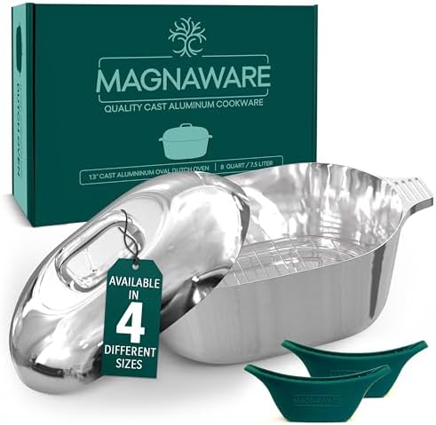 Cast Aluminum Dutch Oven with Lid - 8 Quart Oval Lightweight Pot For Cajun Cookware, Bread Baking & More - Roaster Pan with Silicone Covers & Rack For Even Heat Distribution (13 inch)