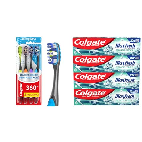 Colgate 360 Advanced Floss Tip Toothbrush, Soft Toothbrush for Adults, 4 Pack & Max Fresh Whitening Toothpaste with Mini Strips, Clean Mint Toothpaste for Bad Breath, Helps Fight Cavities