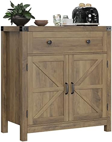 HOSTACK Coffee Bar Cabinet, Kitchen Storage Cabinet, Modern Farmhouse Buffet Sideboard with Drawer and Adjustable Shelf, Barn Door Accent Cabinets for Kitchen, Dining Room, Entryway,Rustic Brown