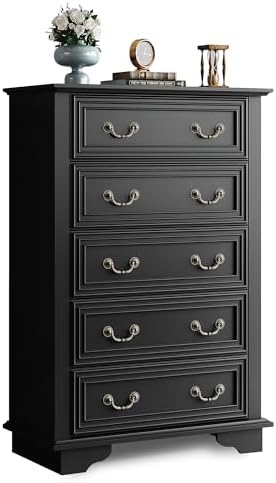 WLIVE Farmhouse Dresser for Bedroom, Tall Wood Dresser with 5 Drawer, Chest of Drawers with Roman Metal Handle for Living Room, Hallway, Closet, Black