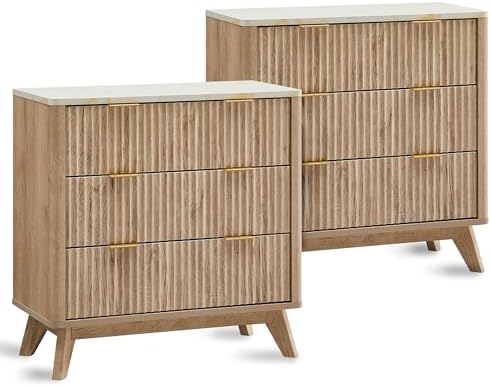 T4TREAM 32" Tall Fluted Nightstand Set of 2, Modern Side Table with Faux Marble Top, 3 Drawers End Table w/Storage, Bedside Table for Bedroom, Living Room, Curved Profile Design, Natural Oak