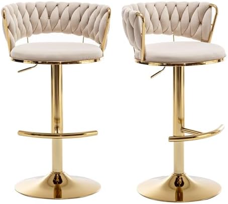 Velvet Bar Stools Set of 2, Counter Height Barstools with Low Back, Gold Swivel Bar Stool for Kitchen Island, Pub (Beige)