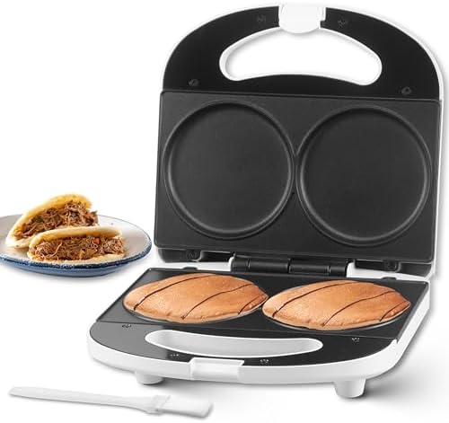 Double Mini Pancakes Maker Machine, Arepa Maker, Electric Pancake Maker Griddle, Ideal for Pancakes, Cookies, Eggs, Arepas & Breakfast Sandwiches, White, 4 Inch