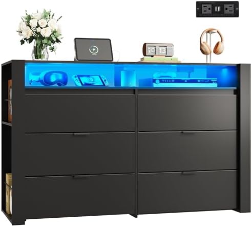 WLIVE 6 Drawer Led Dresser for Bedroom, 50.79'' Black Wood Dresser Storage Organizer with Power Outlets for 55'' TV, Dressers with Open Shelves, Hanging Rack, Chest of Drawers for Closet, Living Room