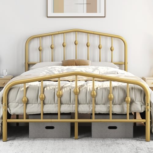 Yaheetech Metal Bed Frame Full Size Metal Platform Bed Frame with Victorian Style Headboard/Footboard/Easy Assembly/No Box Spring Needed/Antique Gold