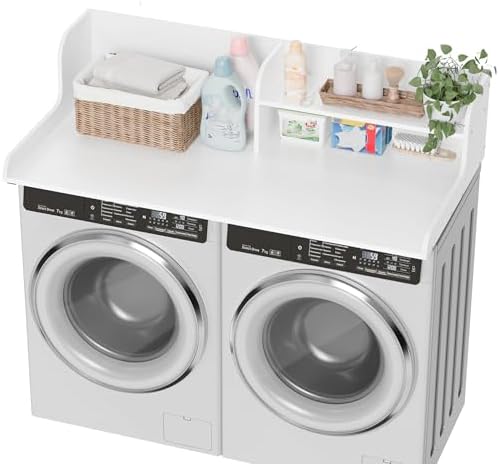 DTK Washer Dryer Wood Countertop with Shelf, Laundry Topper with Non-Slip Mat,27.55" Depth x 54" Width Dryer Covers for The Top with Edge Rails (White)