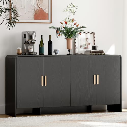 ONBRILL 60" Sideboard Buffet Cabinet with Storage, Curved Design Farmhouse Coffee Bar Cabinet with 4 Doors & Adjustable Shelves for Living Room, Kitchen, Hallway, Black