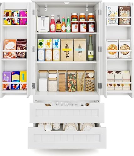 Gizoon Kitchen Pantry Storage Cabinet with Drawers Freestanding Bathroom Storage Cabinets with Doors and Shelves, 47" Small Food Pantry Cabinet for Dining Room Craft Room, White