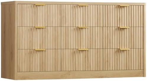 TEENFON Fluted Dresser for Bedroom with 9 Drawers, 63" Wide Modern Chest of Drawers with Metal Handle & Curved Profile Design, Wood Closet Clothes Storage Organizer for Living Room, Hallway, Natural