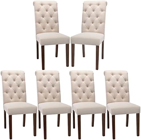 COLAMY Button Tufted Dining Chairs Set of 6, Accent Parsons Diner Chair Upholstered Fabric Dining Room Chairs Stylish Kitchen Chairs with Solid Wood Legs and Padded Seat - Dark Beige