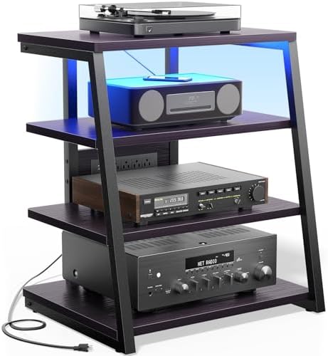 AV Media Stand with Outlets, Media Console with LED Lights, Stereo Racks and Stands with Storage Shelves, Media Audio Tower Cabinet, Black Enoby