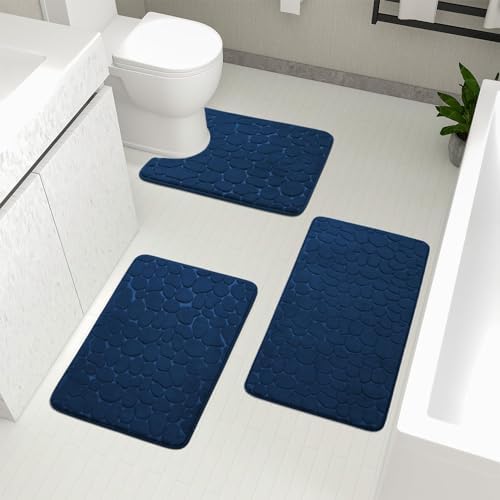 YIHOUSE Bathroom Rugs Sets 3 Piece, Cobblestone Memory Foam Bathroom Mats Set Extra Thick, Non Slip Bath Mats for Bathroom, Water Absorbent, Washable Dark Blue Bath Rugs for Tub, Toilet and Floor