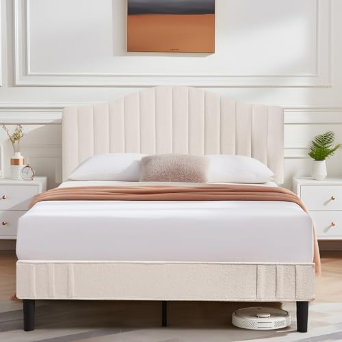 VECELO Full Size Beds Upholstered Platform Bed Frame with Height-Adjustable Teddy Fabric Headboard/Strong Wood Slats Supports / 7.9'' Under Bed Storage Space/Noise Free/No Box Spring Needed, Cream