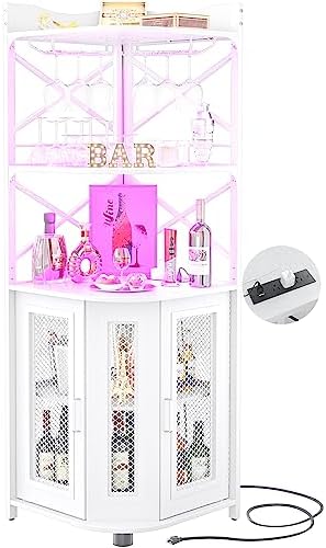 Aheaplus Corner Bar Cabinet with Power Outlet, Industrial Wine Cabinet with LED Strip and Glass Holder, 5-Tiers Liquor Cabinet Bar Unit for Home, Corner Display Cabinet for Small Space, White