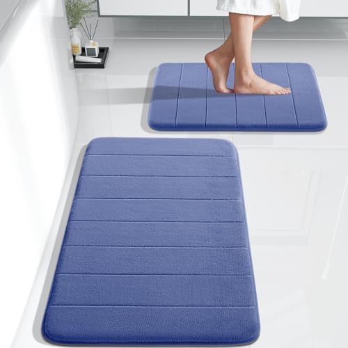 Yimobra Memory Foam Bathroom Rugs Sets 2 Piece - Super Soft Absorbent Quick Dry Bath Mat Set, Machine Washable Non Slip Floor Carpet for Tub Shower & Single Sink (17x24 & 31.5x20 Inch, Navy Blue)