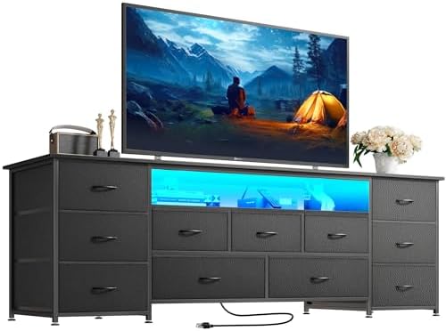 Huuger 63 Inch TV Stand for 65, 70 Inch TV, 11 Drawer Long Dresser with Power Outlets and LED Lights, Entertainment Center with Storage, Black Dresser with PU Leather Surface