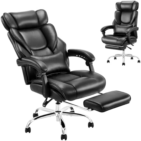 COLAMY Office Chair with Retractable Footrest, Ergonomic High Back Design Executive Computer Desk Chair with Removable Lumbar Pillow, 90-135°Reclining, Thick Bonded Leather for Home Office Work, Black