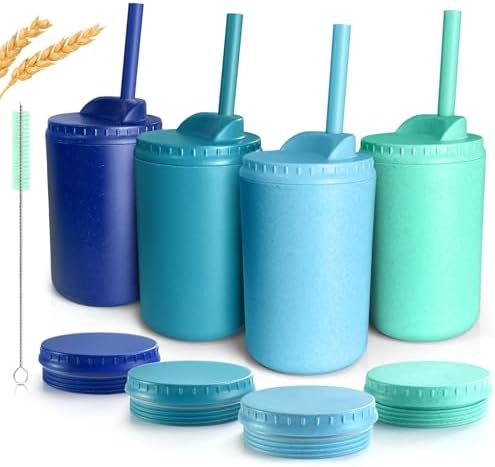 Teivio 4 pcs 10 oz Wheat Straw Kids/Toddler Cups with Lid and Straws, Reusable Spill proof cups for Kids,Unbreakable plastic cups with Silicone Straws&Cleaning Brush,Dishwasher Safe,True blue