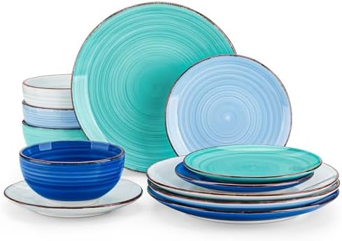vancasso Bonita Dinnerware Set Blue Stoneware 12 Pieces Service for 4, Handpainted Spirals Pattern Stoneware Plates and Bowls Set