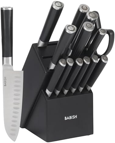 Babish High-Carbon 1.4116 German Steel 15 Piece Full Tang Forged Cutlery Kitchen Knife Block Set - Black