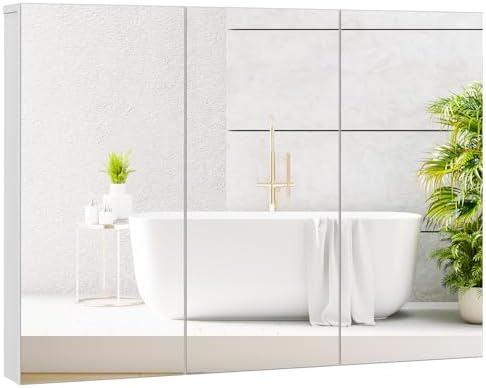Tangkula Mirrored Medicine Cabinet, Large Wide Wall Mounted Storage Cabinet with 3 Mirror Doors & Adjustable Shelf, Hanging Bathroom Organizer, White, 34.5 x 5 x 25.5 Inches
