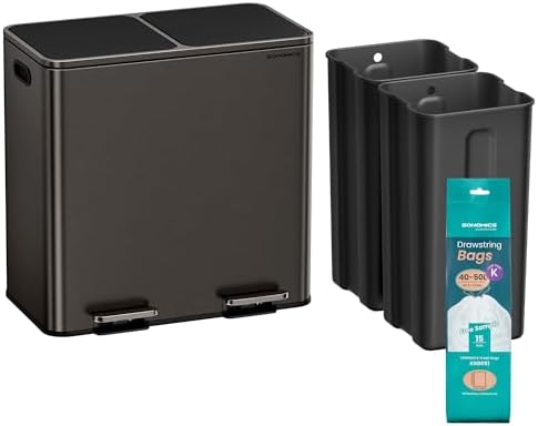 SONGMICS Trash Can, 2 x 10.6 Gallon (2 x 40 L) Garbage Can for Kitchen, with 15 Trash Bags, 2 Compartments, Plastic Inner Buckets and Hinged Lids, Airtight, Slate Gray ULTB730G01V1