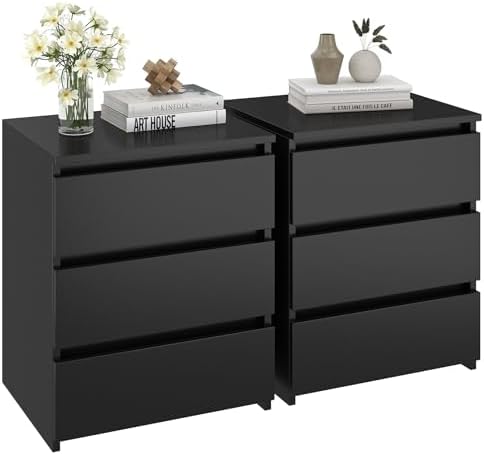 FOTOSOK Nightstand Set of 2 Black Nightstand with 3 Drawers, Black Bedside Table Night Stand for Bedroom with Cut-Out Handle, Sofa Side Table 3 Drawer Nightstand for Bedroom, 17.7W*15D*21.7H