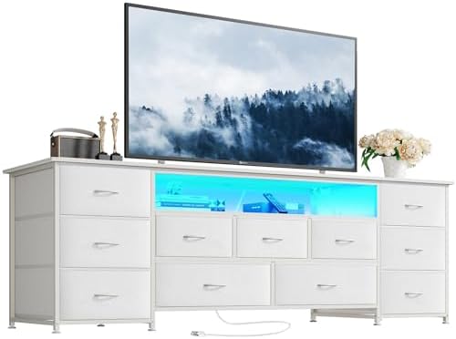 Huuger 63 Inch TV Stand for 65, 70 Inch TV, 11 Drawer Long Dresser with Power Outlets and LED Lights, Entertainment Center with Storage, White Dresser with PU Leather Surface