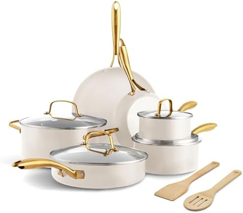 GreenPan 12 Piece Nonstick Swift Cookware Set, Ceramic PFAS-Free Pots & Pans with Lids, Dishwasher & Oven/Broiler Safe to 600F, Kitchen Cooking Set, Sauce, Saute, Stock, Frying Pans, Cream