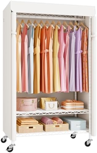 P6C Rolling Clothes Rack with Cover, Covered Clothing Racks Heavy Duty, Portable Closet for Hanging Clothes, Garment Racks on Wheels, White Closet Rack with White Cover, Max Load 365LBS