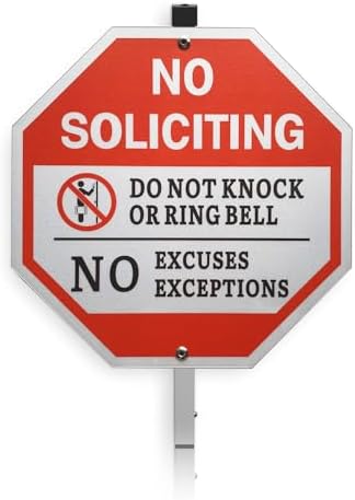 No Soliciting Sign for House and Yard - 10x10 Inch, 40 Mil Rustproof Aluminum, Weatherproof, Reflective, with 28-Inch Stake - Do Not Knock or Ring Doorbell Sign for Front Door and Property Protection