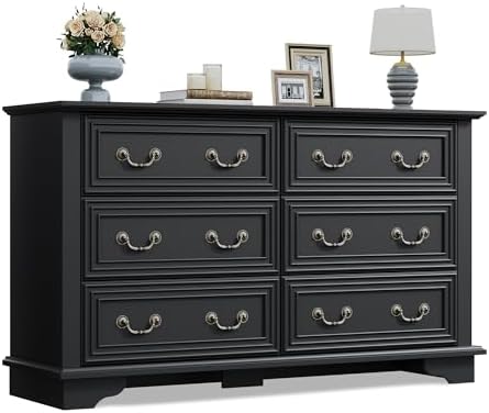 WLIVE Farmhouse Dresser for Bedroom, 51.97'' Wide Wood 6 Drawer Dresser, Chest of Drawers with Roman Metal Handle, TV Stand for 60 inch TV, for Living Room, Hallway, Black