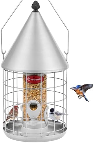 Kingsyard Squirrel Proof Caged Bird Feeder for Outdoor Hanging - 3LBS Storage Tube Seed Feeder with 4 Feeding Ports, Rainproof Dome, Easy to Refill, Removable for Cleaning. Silver