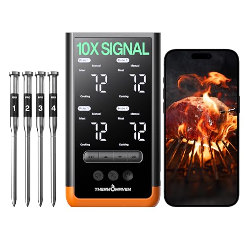 ThermoMaven Wireless Bluetooth Smart Meat Thermometer: Standalone Base, WiFi Thermometer with Sub-1G, 6 Sensors NIST Certified Accuracy, 4 Probes, for Kitchen, BBQ, Grill, Oven, Smoker, Rotisserie