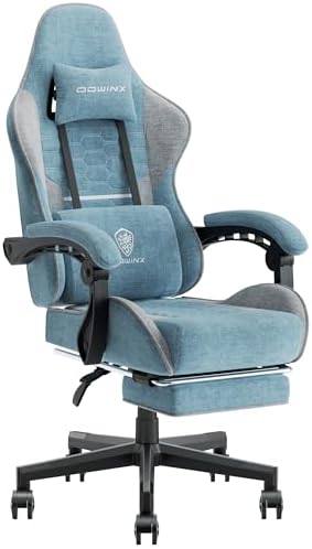 Dowinx Gaming Chair Fabric with Pocket Spring Cushion, Massage Game Chair Cloth with Headrest, Ergonomic Computer Chair with Footrest 290LBS, Blue and Grey