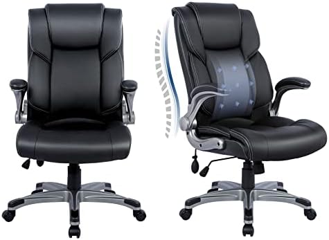 COLAMY Leather Executive Office Chair- High Back Home Computer Desk Chair with Padded Flip-up Arms, Adjustable Tilt Lock, Swivel Rolling Ergonomic Chair for Adult Working Study-Black, Set of 2