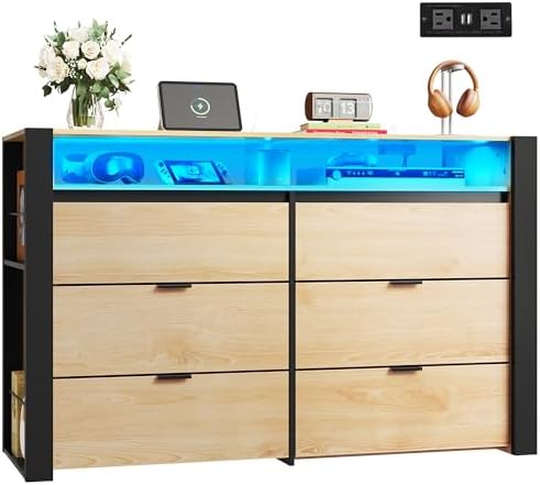 WLIVE 6 Drawer Dresser with Led Light, 50.79'' Wood Dresser for Bedroom with Power Outlets for 55'' TV, Modern Chest of Drawers for Closet, Hanging Rack, Double Wide Drawer for Living Room, Light Oak