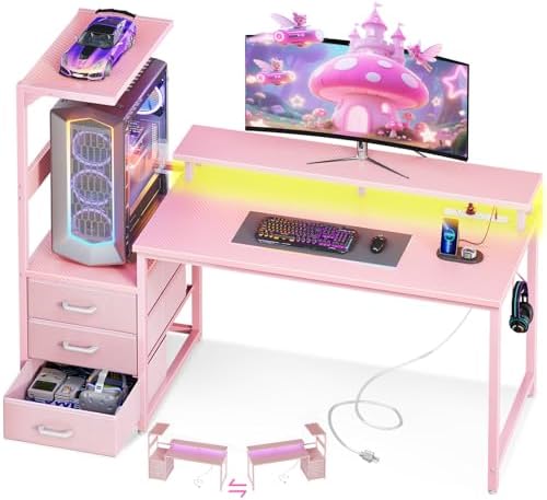 AODK 52 Inch Gaming Desk with USB Charging Ports & LED Light- Reversible Computer Desk with Storage Shelves & Monitor Stand, Modern Gamer Desk Table with Fabric Drawers & Side Hook, Carbon Fiber Pink