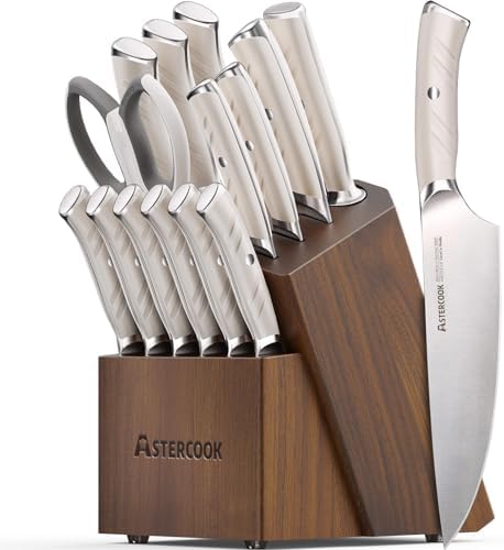 Knife Set, Astercook Kitchen Knife Set with Block, 15 Pcs Luxurious High Carbon German Stainless Steel Knives Set with Full Tang Ergonomic Handle, Dishwasher Safe Knife Block Set with Sharpening Rod
