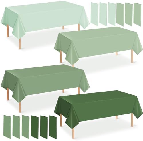 12Pcs 54×108 Inch Sage Green Tablecloth 4 Green Colors Disposable Plastic Rectangle Table Cover for Baby Shower Bridal Wedding Birthday Party Decorations and Supplies