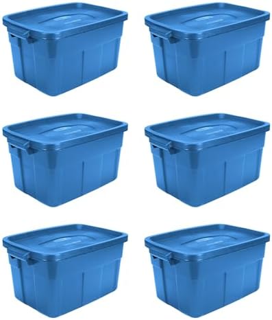 Rubbermaid Roughneck Tote 14 Gal, 6 Pack, Made in USA, Herirage Blue, Rugged Plastic Stackable Storage Bins with Lids and Handles