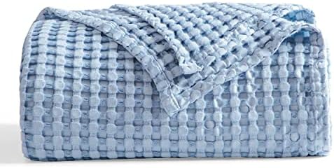 Bedsure Cooling Cotton Waffle Queen Size Blanket - Lightweight Breathable Blanket of Rayon Derived from Bamboo for Hot Sleepers, Luxury Throws for Bed, Couch and Sofa, Sky Blue, 90x90 Inches
