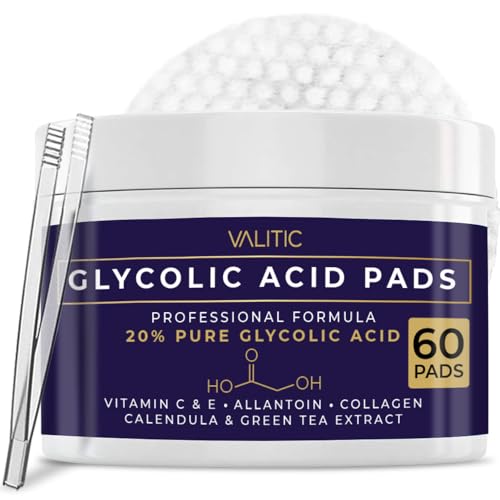 VALITIC 20% Glycolic Acid Pads for Face - Exfoliating Facial Polish with Vitamin C, E, Allantoin, Collagen Calendula, Green Tea - Skin Care Peel Wipes Treatment for Pores, Scars, Wrinkles - 60 Pads